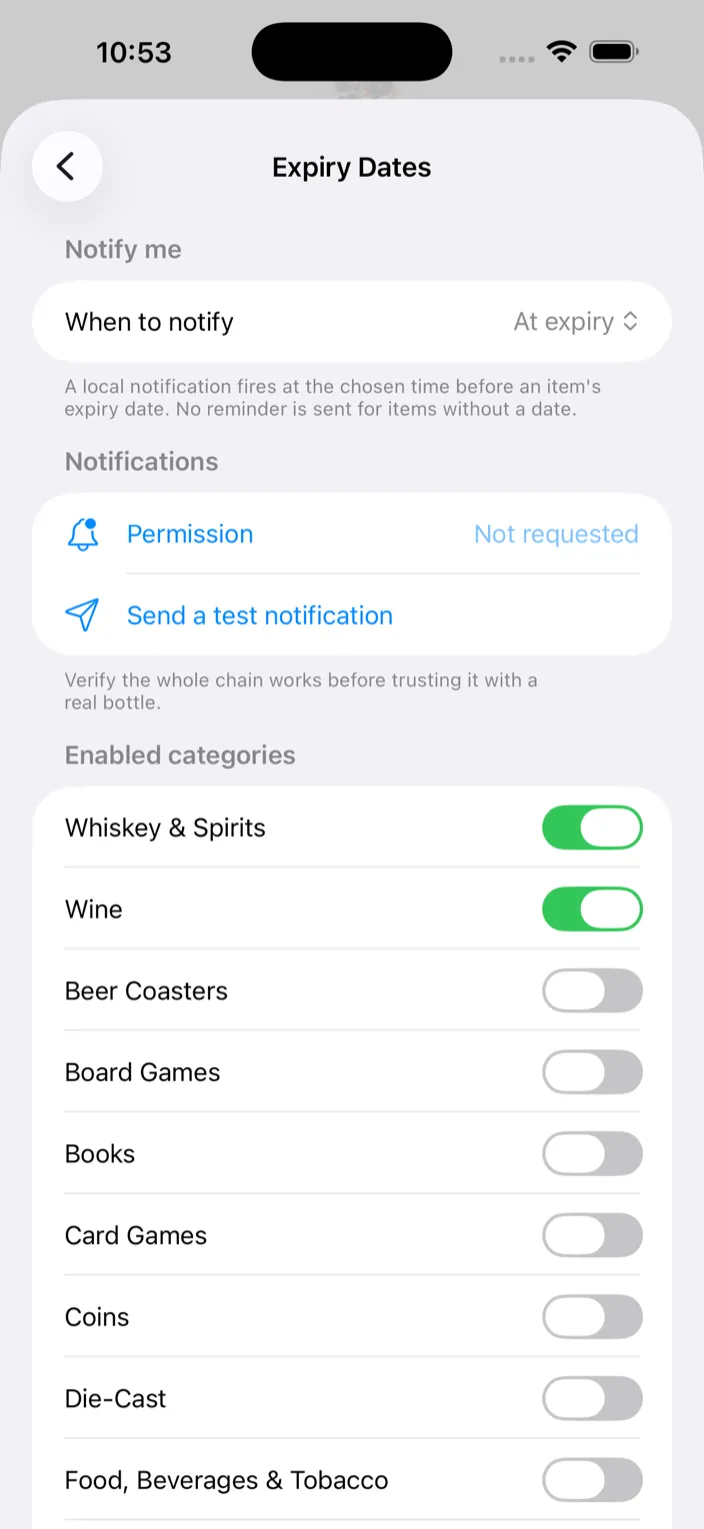 The Expiry Dates settings screen with When to notify, Notifications, and Enabled categories