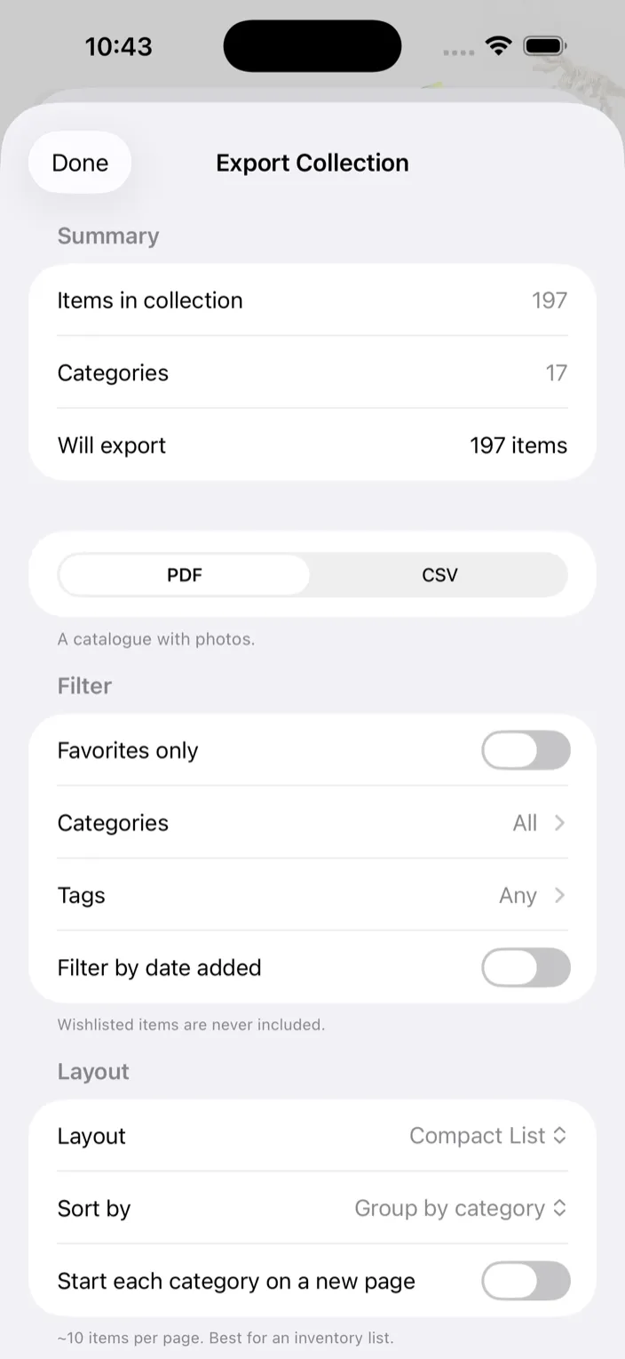 The Export Collection sheet with Summary, PDF/CSV, Filter and Layout sections