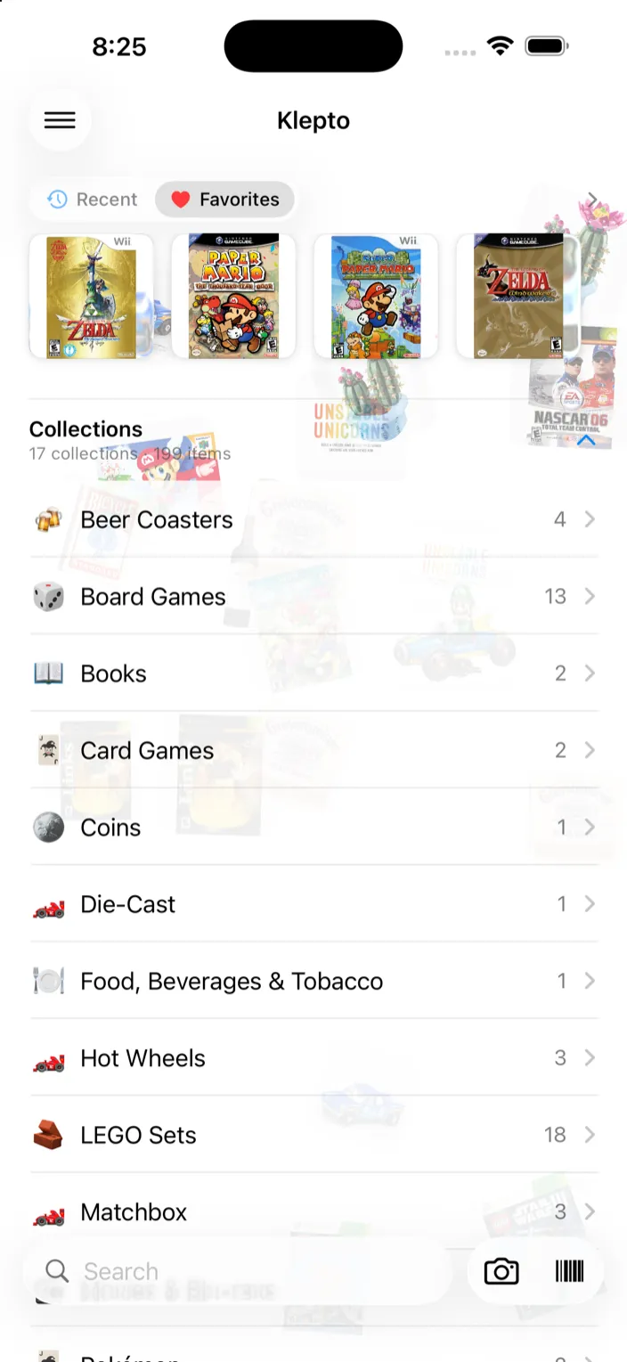 The home screen with a Favorites strip, Recently Added, and one row per collection with a count