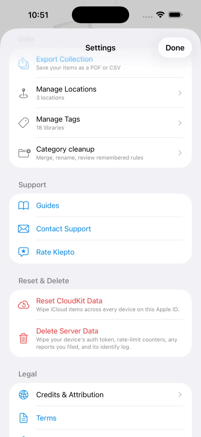 The Reset & Delete section of Settings with Reset CloudKit Data and Delete Server Data
