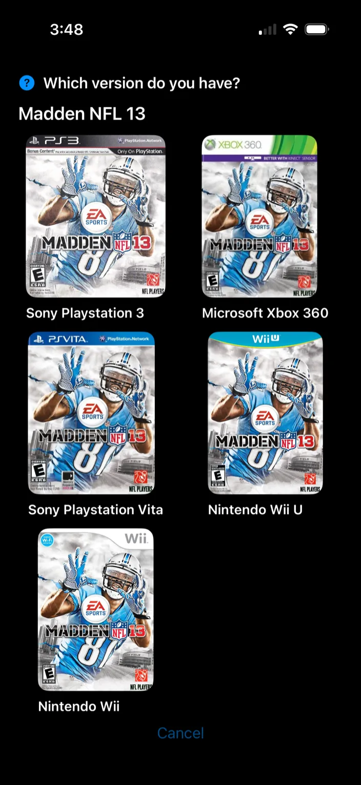 The version picker asking which version of Madden NFL 13 you have, with the PlayStation 3, Xbox 360, Vita, Wii U and Wii covers