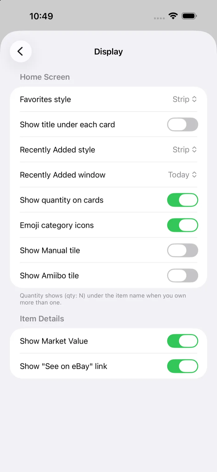 The Display settings screen with Show Market Value turned on under Item Details