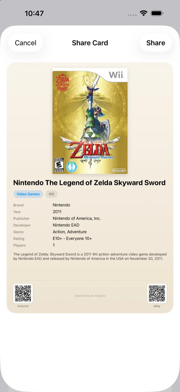 The Share Card preview for a Zelda game, with details, notes and two QR codes