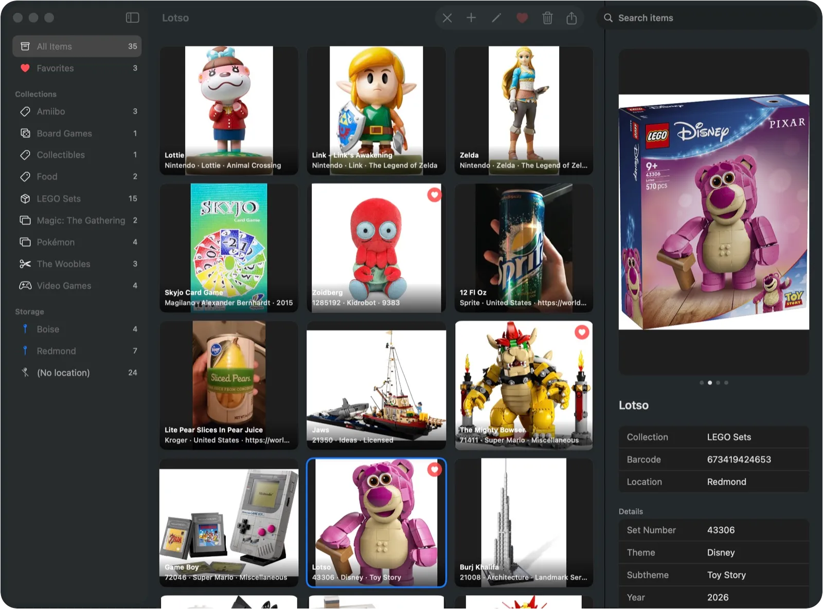 The Mac app with collections and Storage in the sidebar, a grid of items, and the detail pane